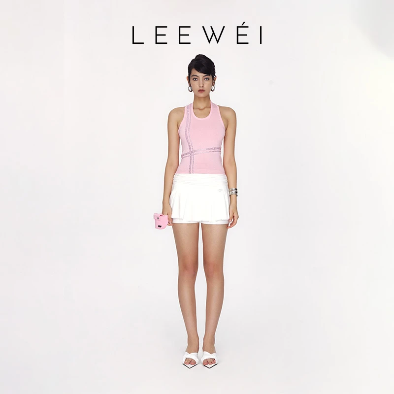LEEWEI2024年春夏新品飘带挂脖烫钻毛织背心