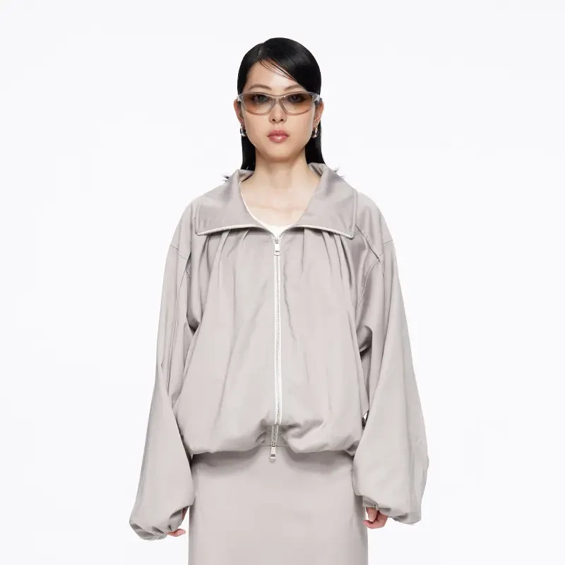 CNLEEWEI2023秋冬新款造型褶O形高领外套女款