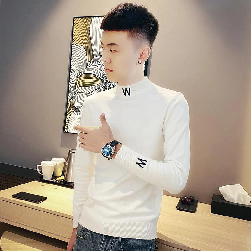 社会小伙网红半高领毛衣男秋冬字母刺绣潮流针织衫韩版修身毛线衣