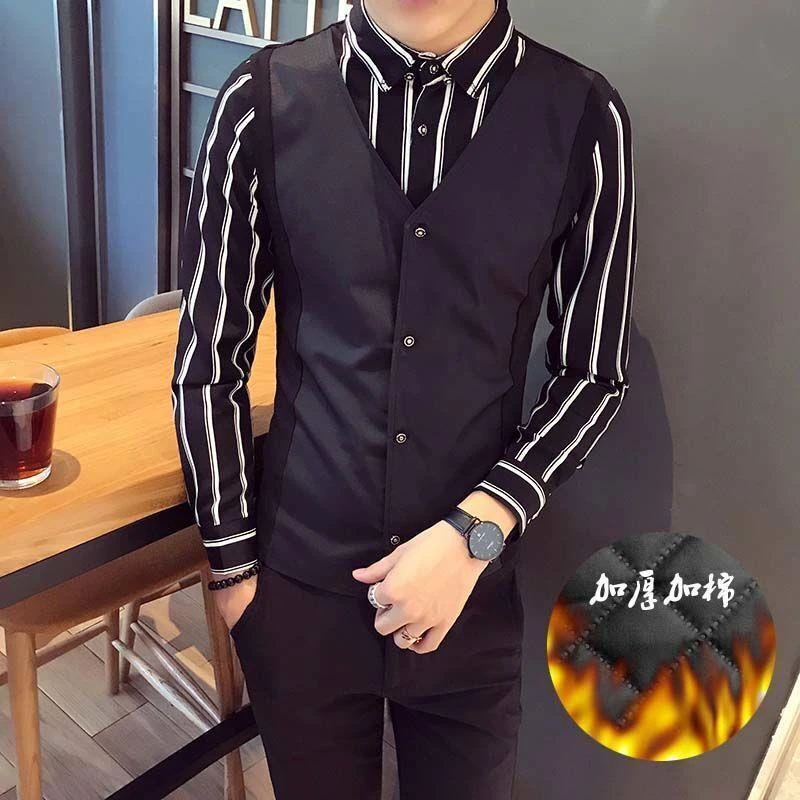 连体假两件修身条纹衬衫马甲加棉保暖发型师工装村衣KTV马夹潮男