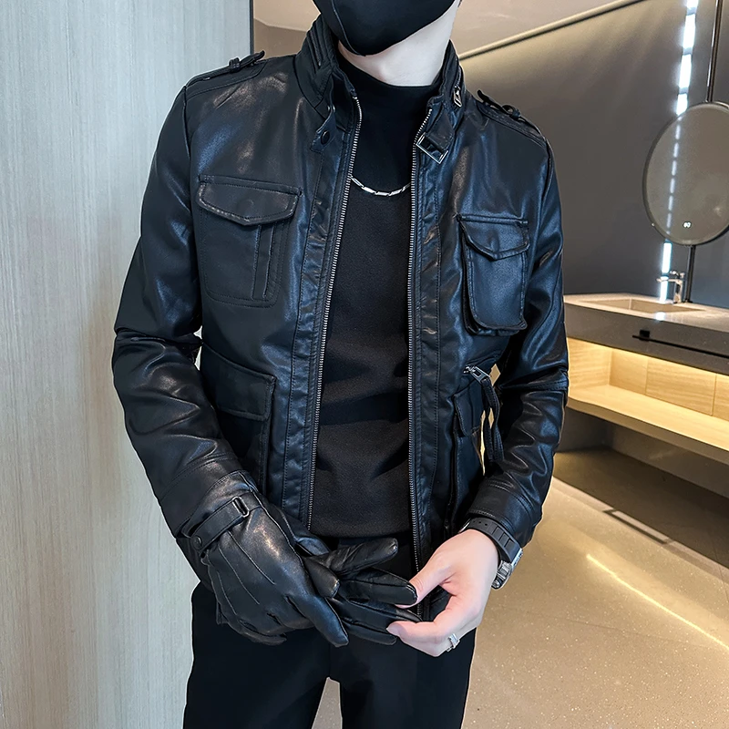 2024秋季新款机车皮夹克皮衣男外套潮牌休闲肩章百搭时尚修身立领