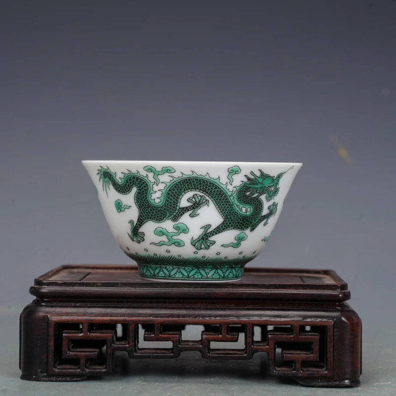 景德镇茶具绿彩龙凤纹主人杯品茗杯茶杯仿古茶具旧货收藏