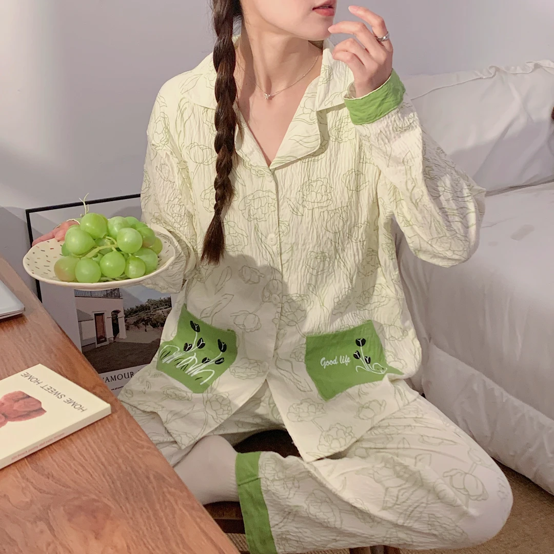 夏季皱皱云朵棉带胸垫月子服孕妇产后透气哺乳长袖睡衣