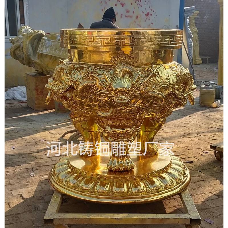 定制纯铜香炉 大型寺庙圆香炉铸造厂 纯铜龙纹香炉 2.8米长香炉