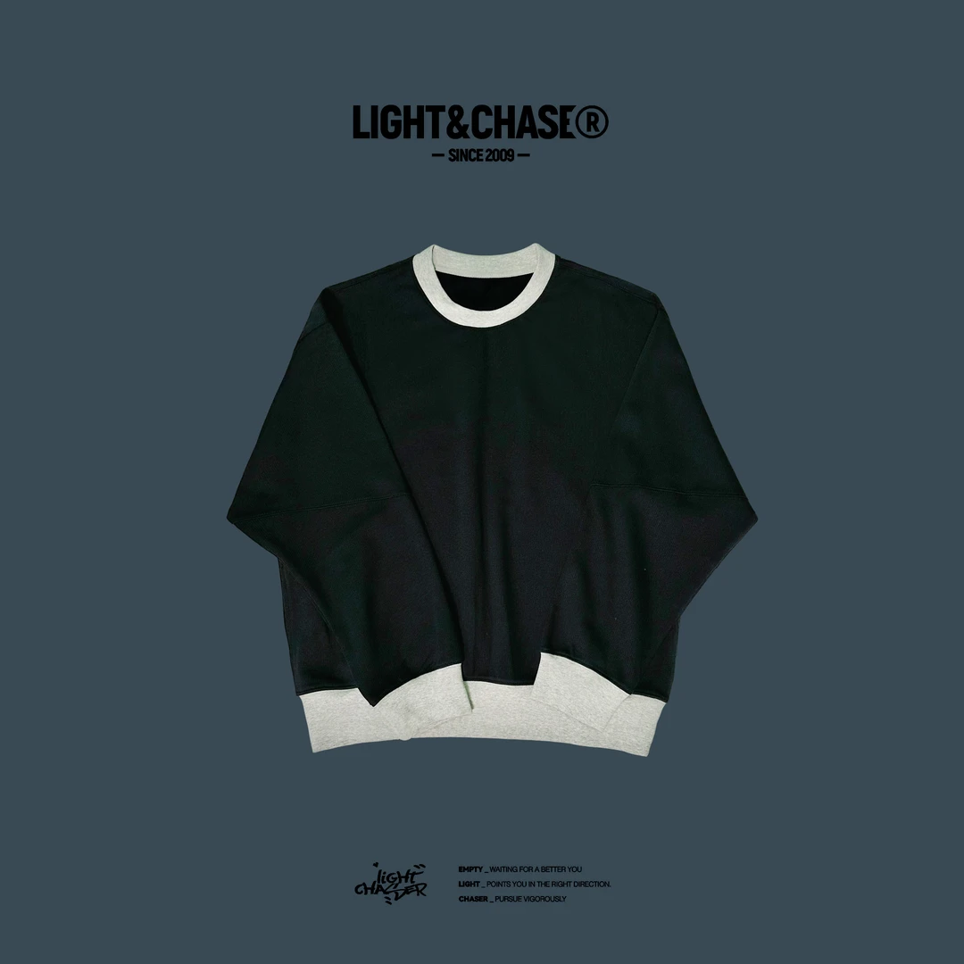 【清】拼接卫衣套装黑色宽松圆领撞色春季设计感针织长袖韩版时尚