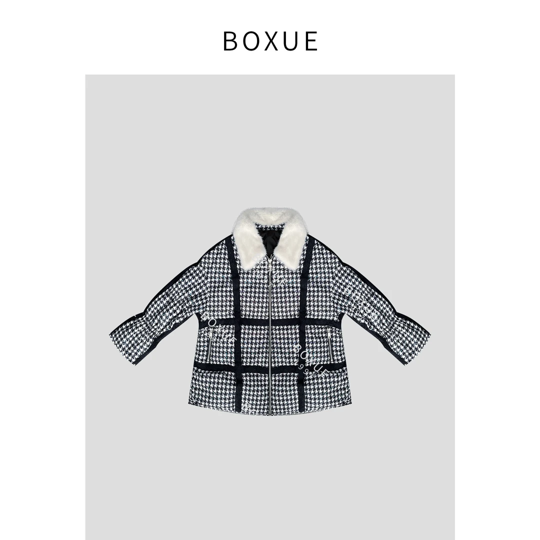 BOXUE “格兰小调” 千鸟格拼接设计感皮草鹅绒服 外套#231121YR313