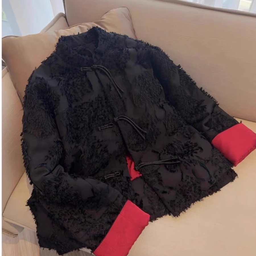 YX-新中式花棉袄女冬季新款轻国风棉服流行复古盘扣黑色刺绣棉衣