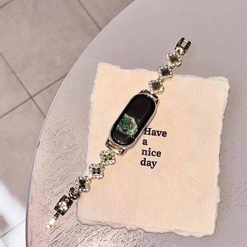 适用于小米手环9表带新款10四叶草满钻8nfc金属7/6表带时尚女腕带