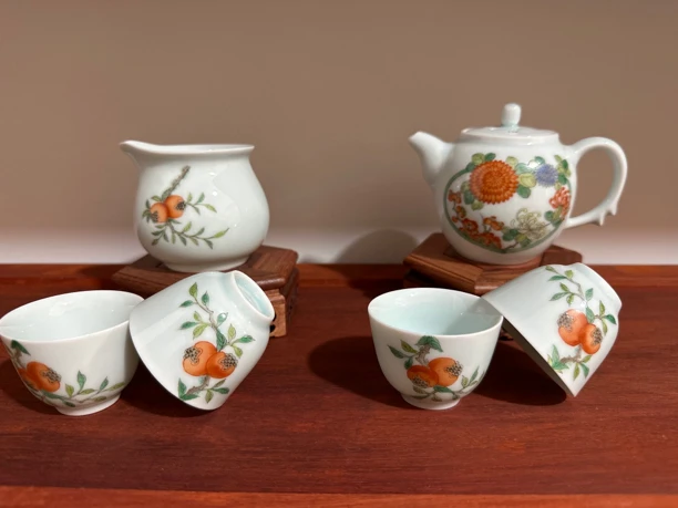 景德镇纯手绘功夫茶具古彩柿柿如意六件套功夫茶具套装送礼自用