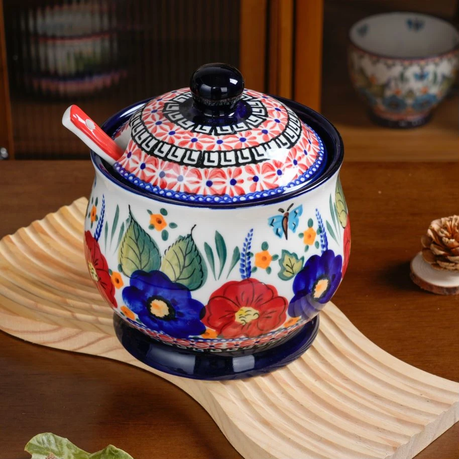 楼兰【红凤尾】家用手绘欧式1200ML 带盖调料罐欧式复古