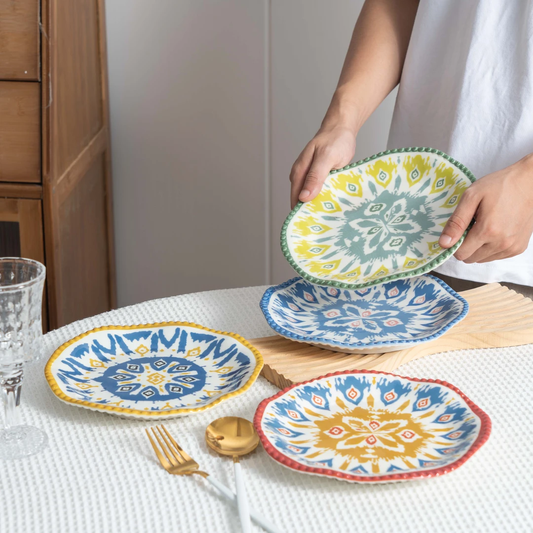 楼兰四色波边圆盘【艾特莱斯】釉下彩8寸圆盘陶瓷餐具  防烫耐磨