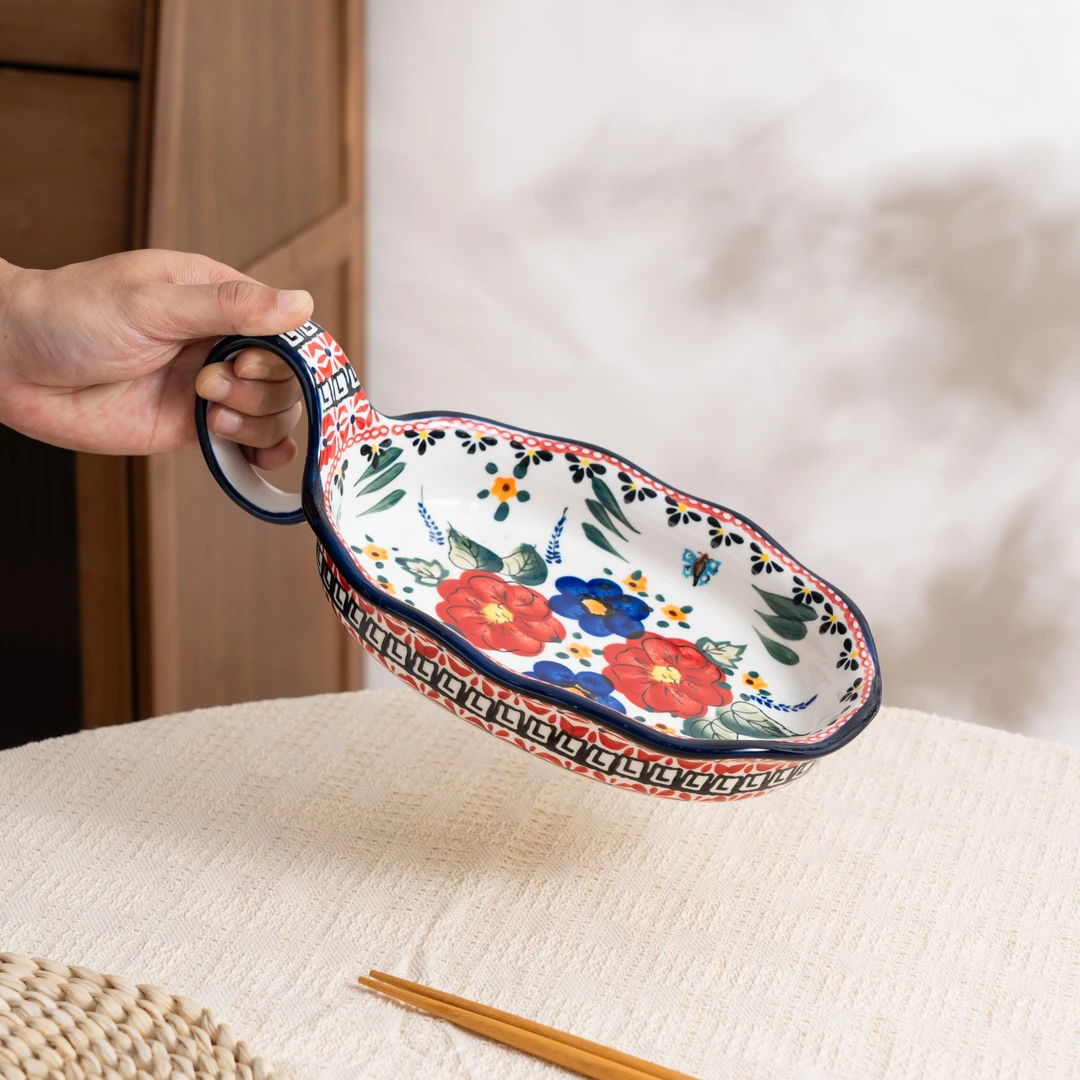 新疆包邮【西里西亚曲把盘】家用陶瓷手工曲把盘单个