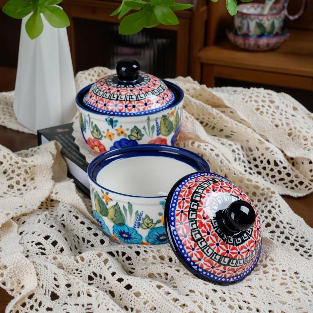 楼兰新疆包邮【凤尾】家用手绘釉下彩欧式陶瓷4.5寸带盖炖盅两个