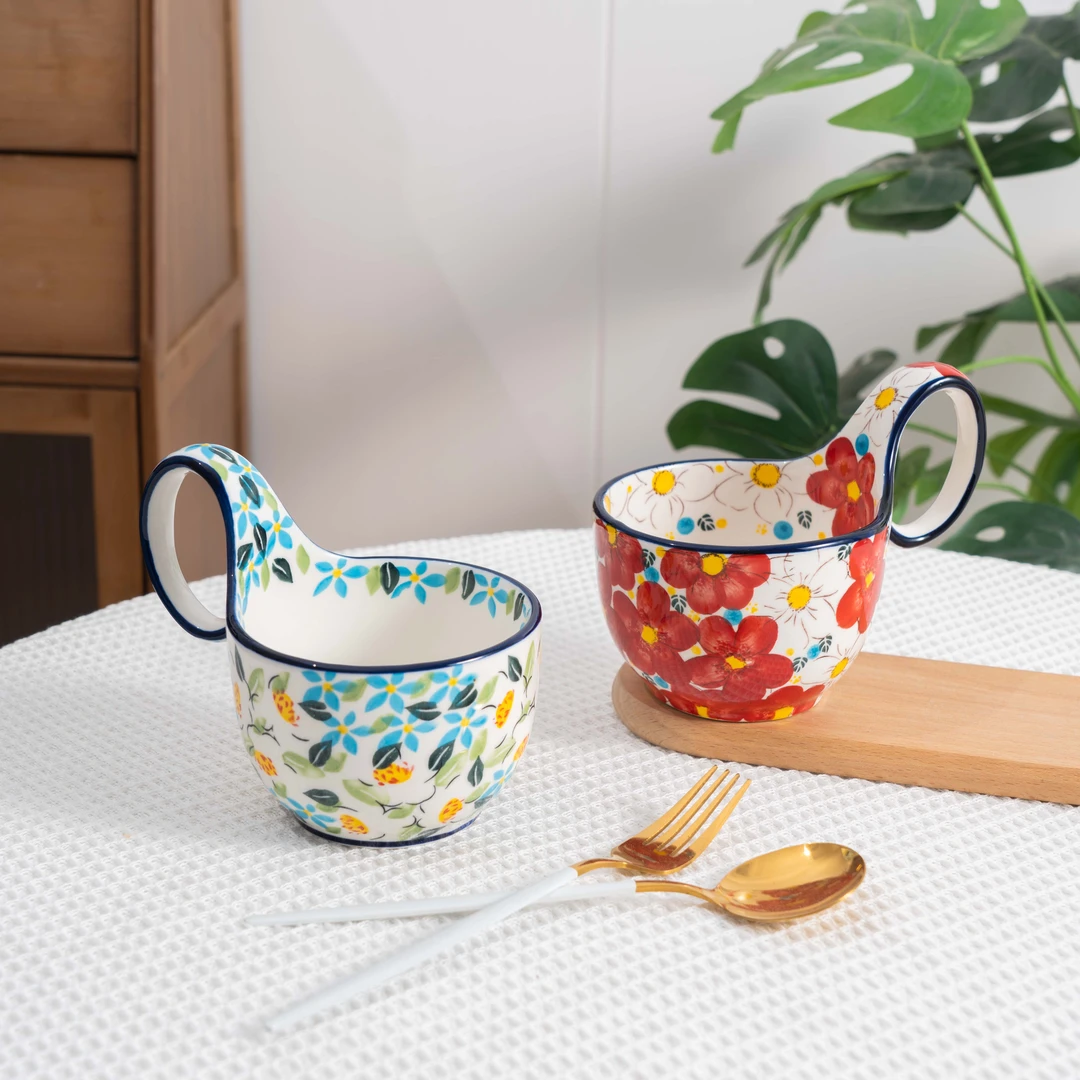 楼兰新疆包邮【一年四季】手绘450ML曲把杯两个