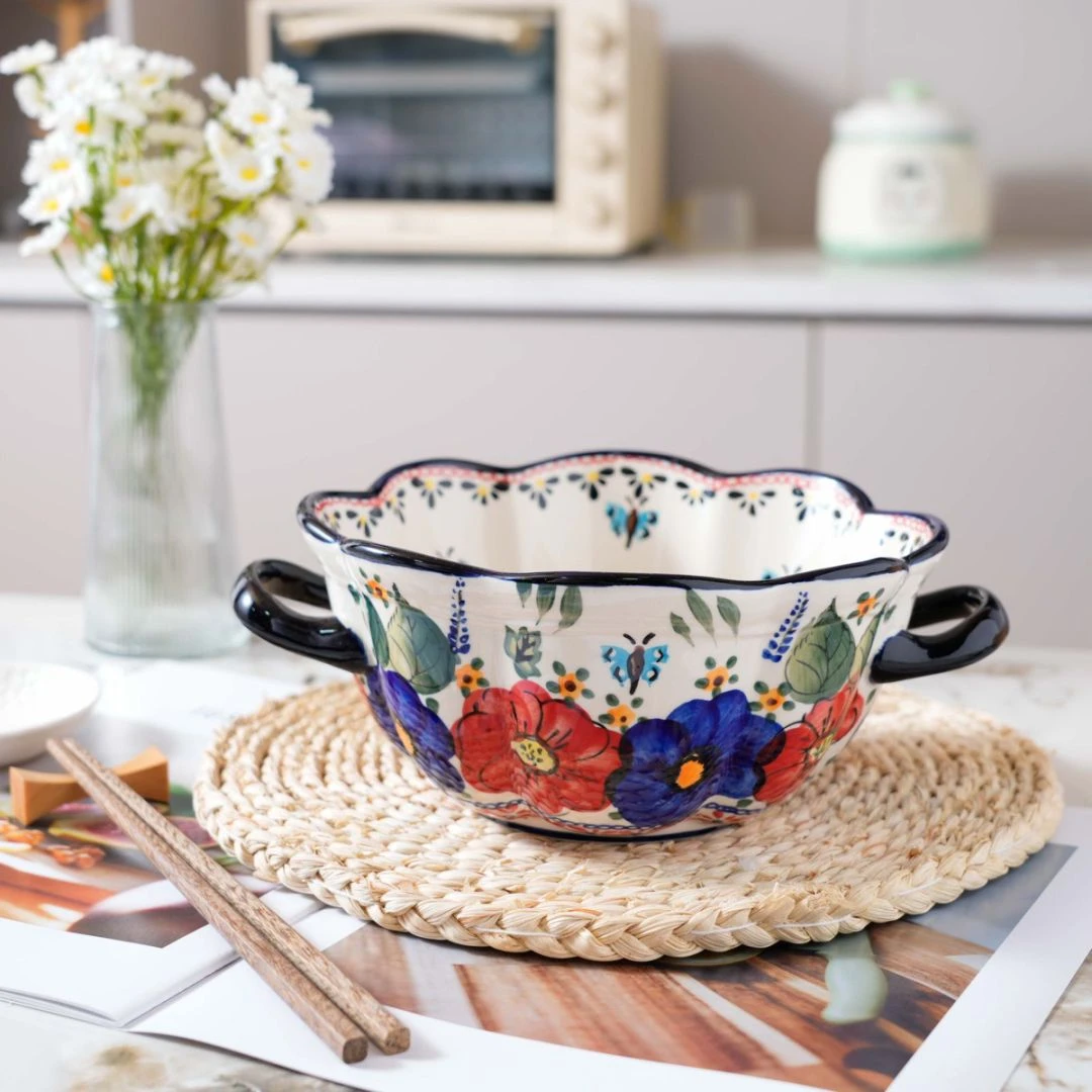 楼兰 【西里西亚】手绘10.5英寸双耳彩绘琉璃汤锅欧式家用陶瓷