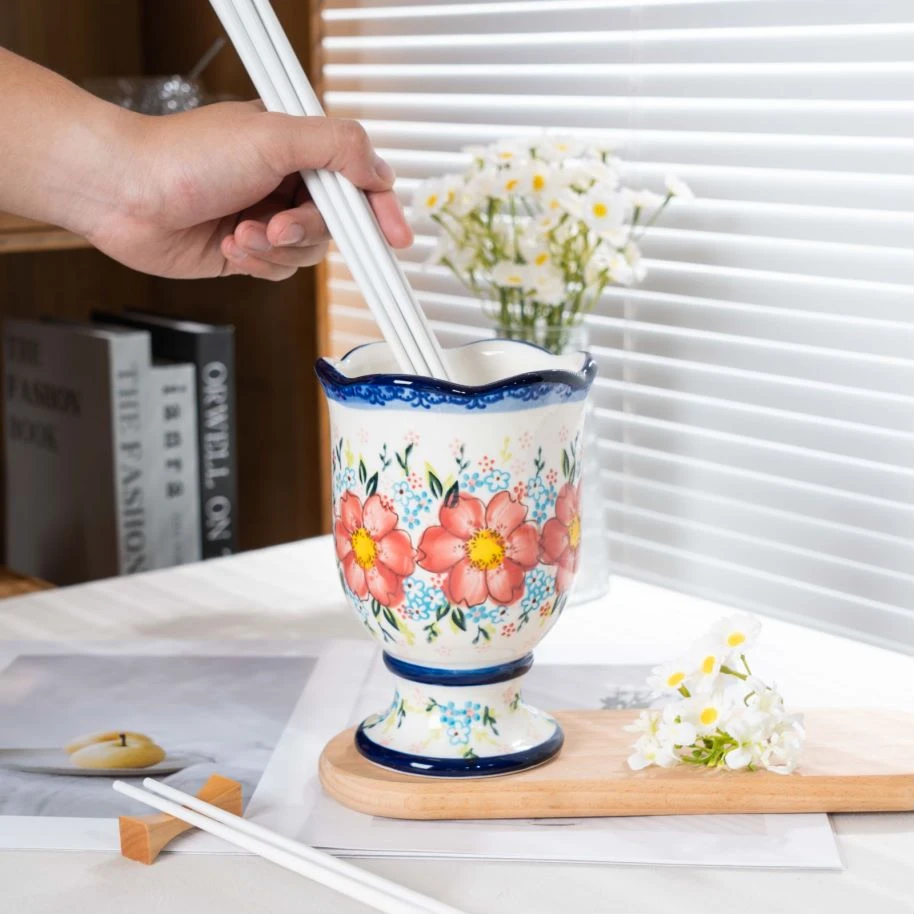 新品 新疆包邮【红花】 轻奢高档复古陶瓷筷子筒手绘 欧式陶瓷