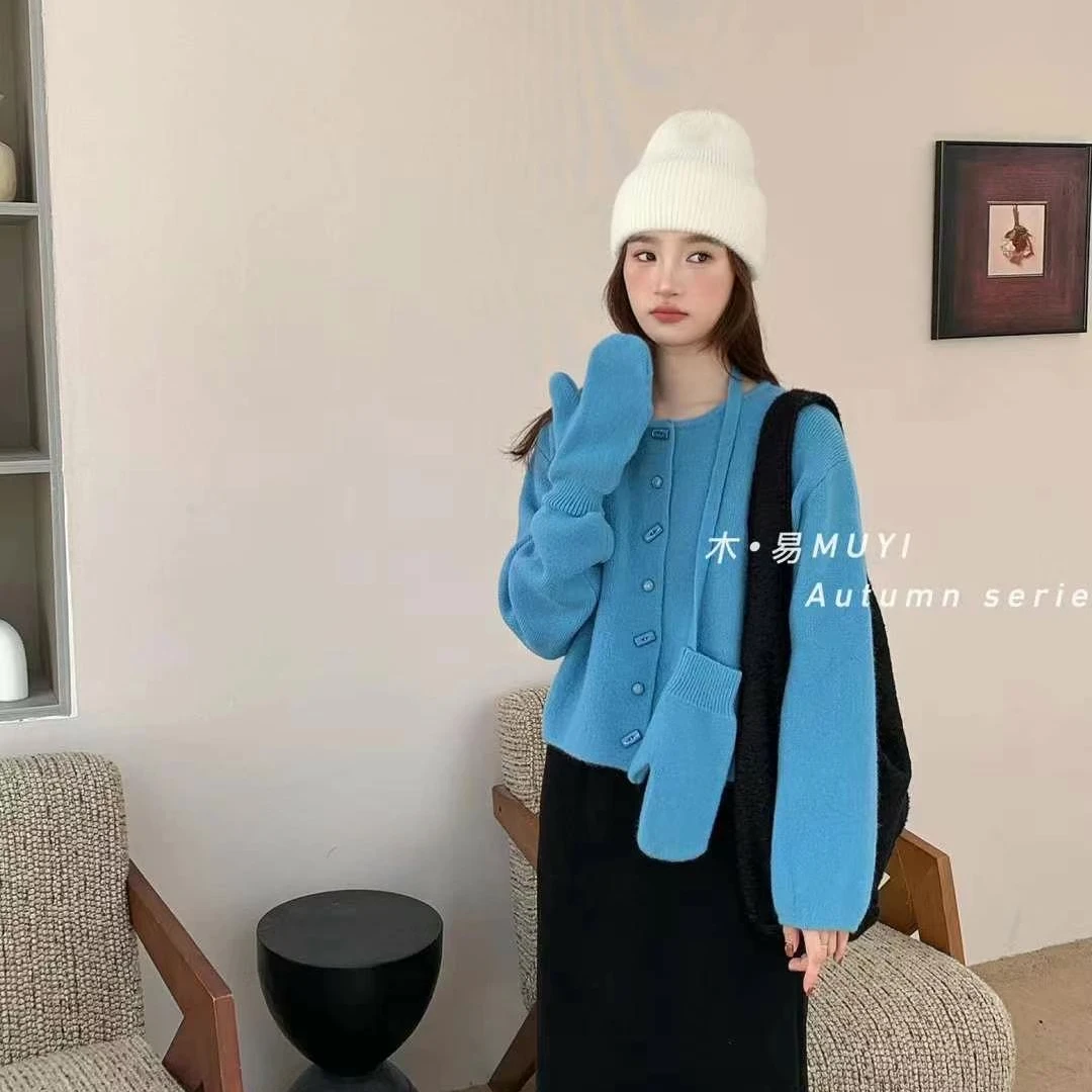 虹源正品新款圣诞款牛角扣毛衣外套配色系手套宽松百搭女开衫毛衣