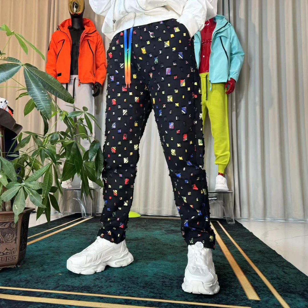 裤子男秋季新款男士休闲束脚裤潮流时尚个性宽松破洞松紧腰裤子男
