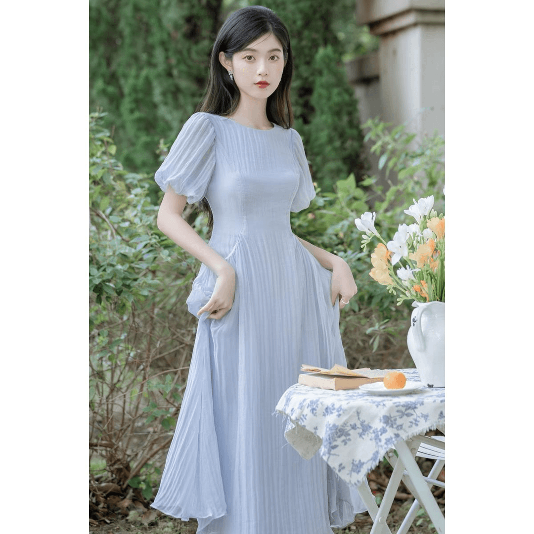 温柔风蓝色泡泡袖连衣裙女夏季新款法式初恋仙女裙子气质超仙森系