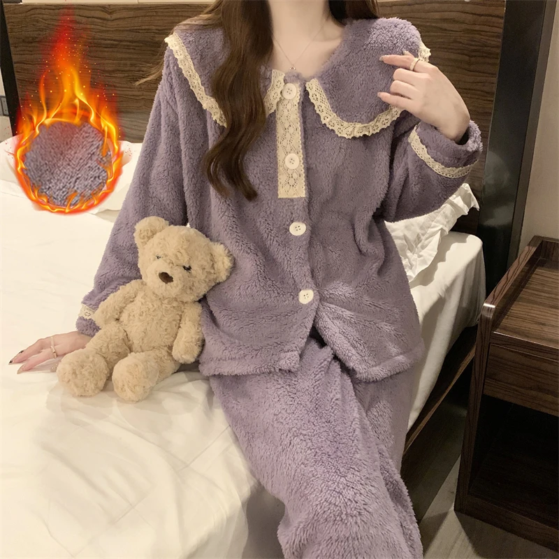 网红秋冬季睡衣女珊瑚绒加厚长袖加厚加绒法兰绒家居服套装可外穿