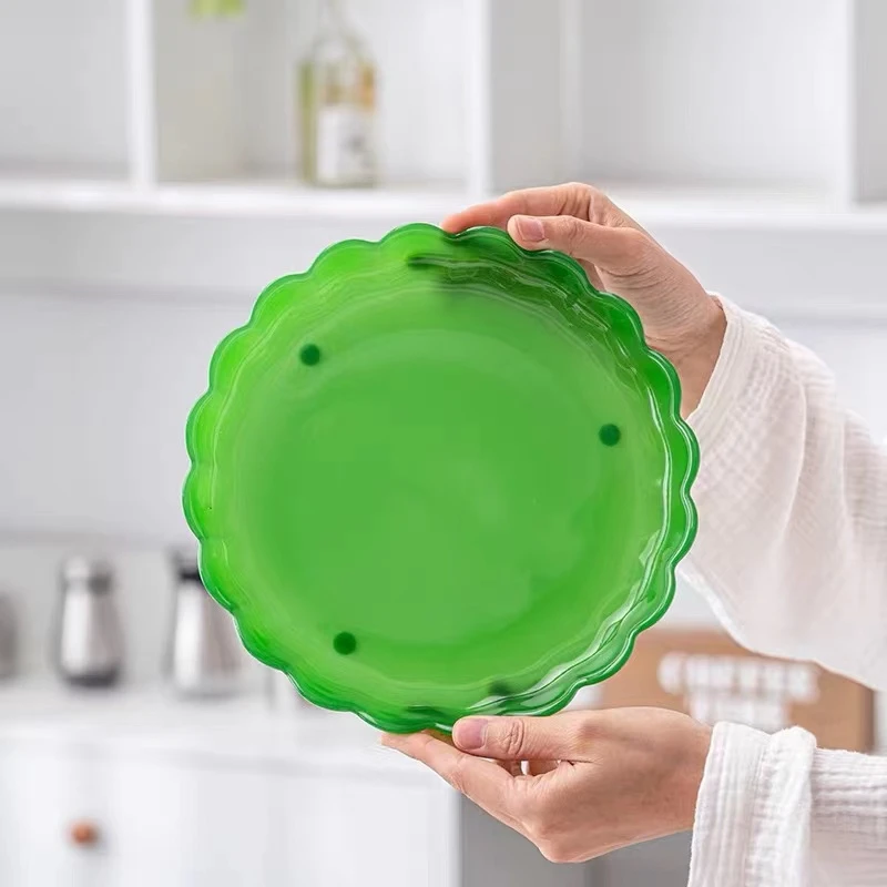 帝王绿琉璃茶盘祖母绿简约轻奢现代圆形茶台酒店水果托盘餐盘定制