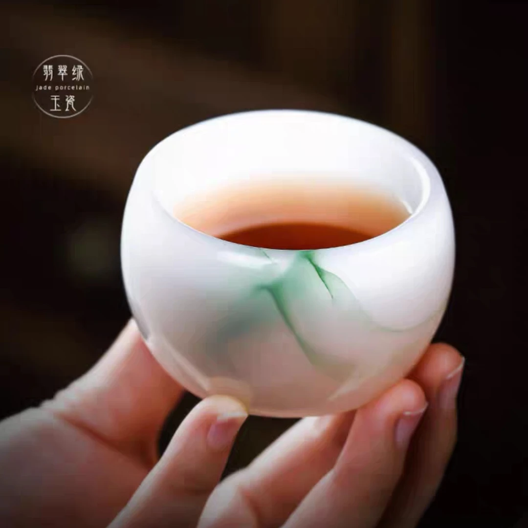 翡翠绿玉瓷茶杯大号主人杯个人杯白瓷琉璃男女玻璃茶盏水墨品茗杯