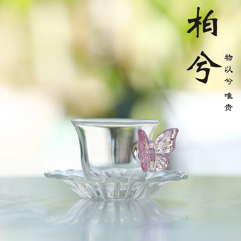 创意家用蝴蝶茶杯带杯垫泡茶专用玻璃杯透明水杯单层耐高温水杯子