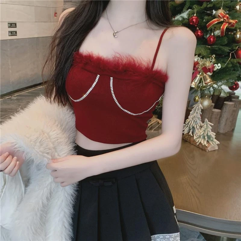 带胸垫辣妹小上衣女美式复古大红色吊带背心纯欲气质订钻毛毛内搭