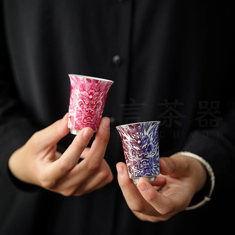 鎏银龙腾四海主人杯青花釉里红闻香杯家用陶瓷个人喝茶杯功夫茶具