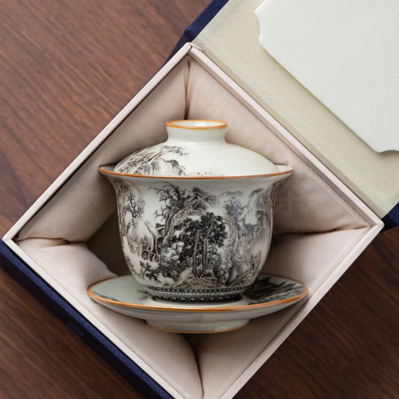 汝窑水墨山三才盖碗茶杯陶瓷开片可养泡茶碗单个家用功夫茶具敬茶