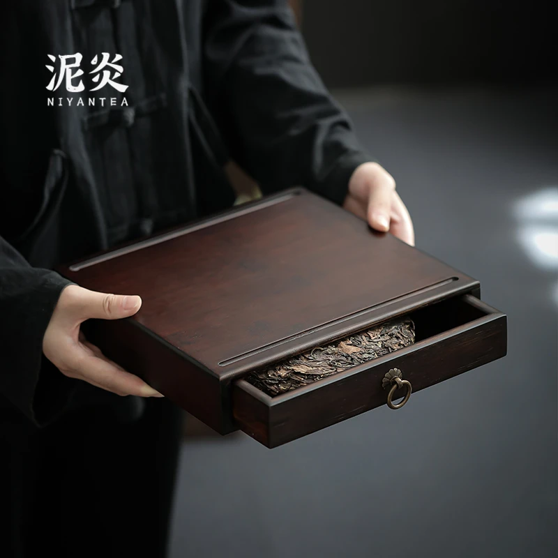 竹制普洱茶收纳盒单层茶仓茶饼架存茶盒抽屉式分茶盘功夫茶道配件