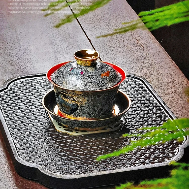 掐丝银珐琅彩三才盖碗单个高档功夫泡茶碗复古中式手工礼盒装轻奢