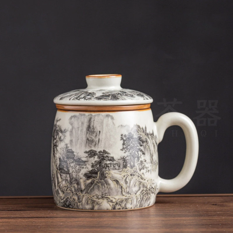 汝窑水墨陶瓷过滤泡茶杯马克杯茶水分离茶杯办公杯带盖个人专用杯