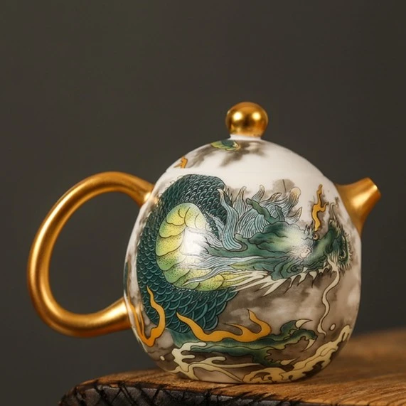高白瓷中式描金墨龙青龙茶壶 半手工精工龙蛋壶单壶茶具龙主人杯