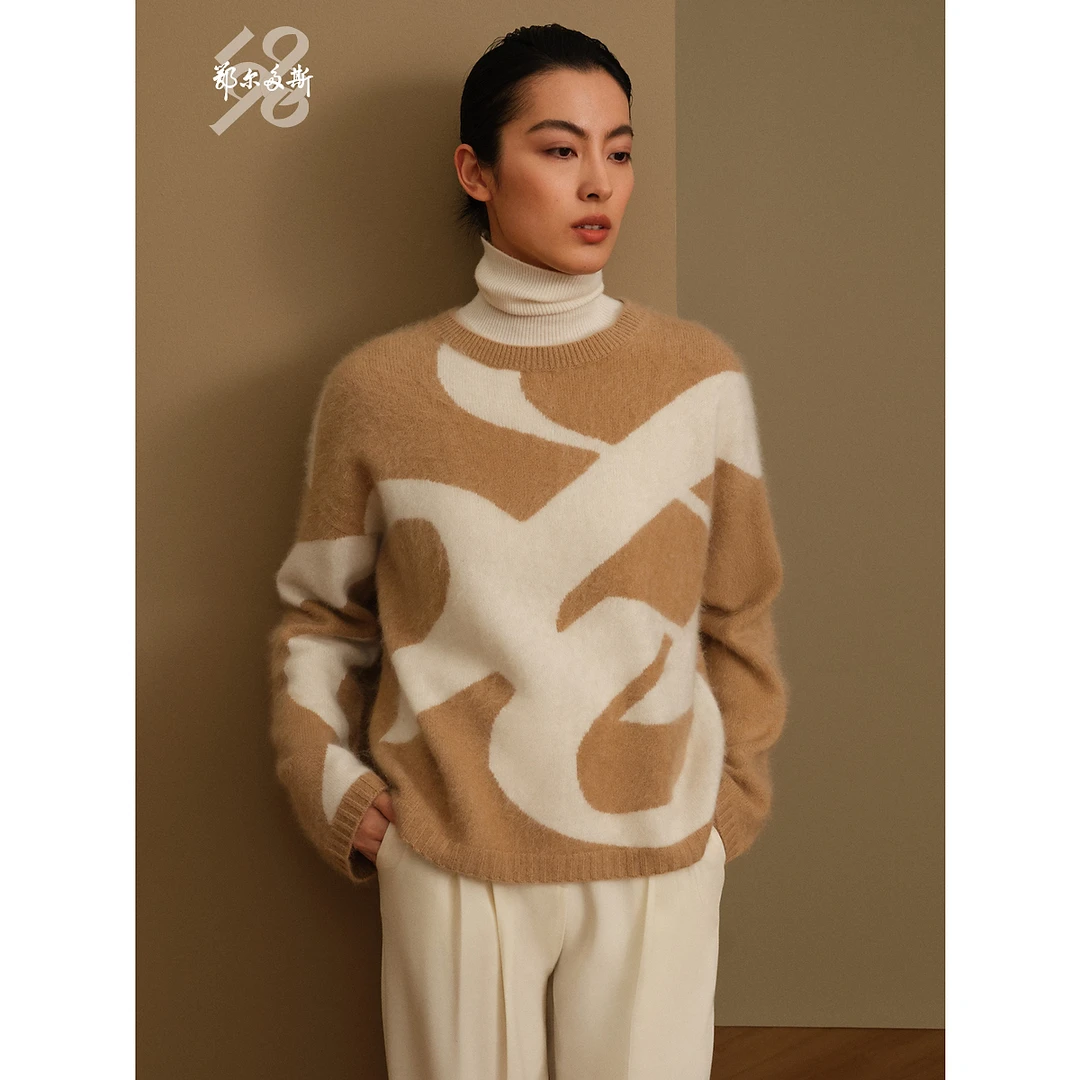 【纯山羊绒】鄂尔多斯1980 秋冬圆领嵌花长袖保暖女羊绒套衫