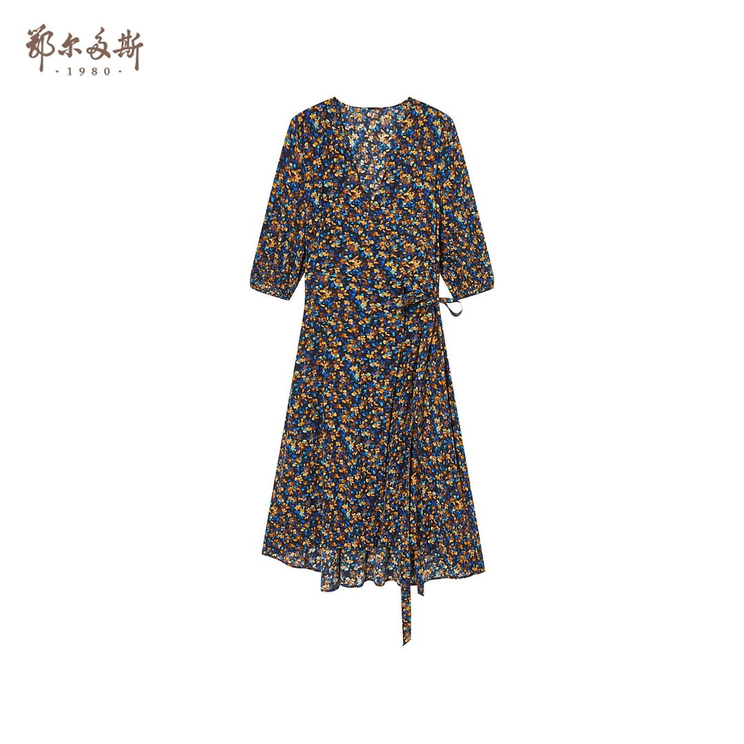 【桑蚕丝】鄂尔多斯1980 春夏碎花裹身裙女士度假风连衣裙