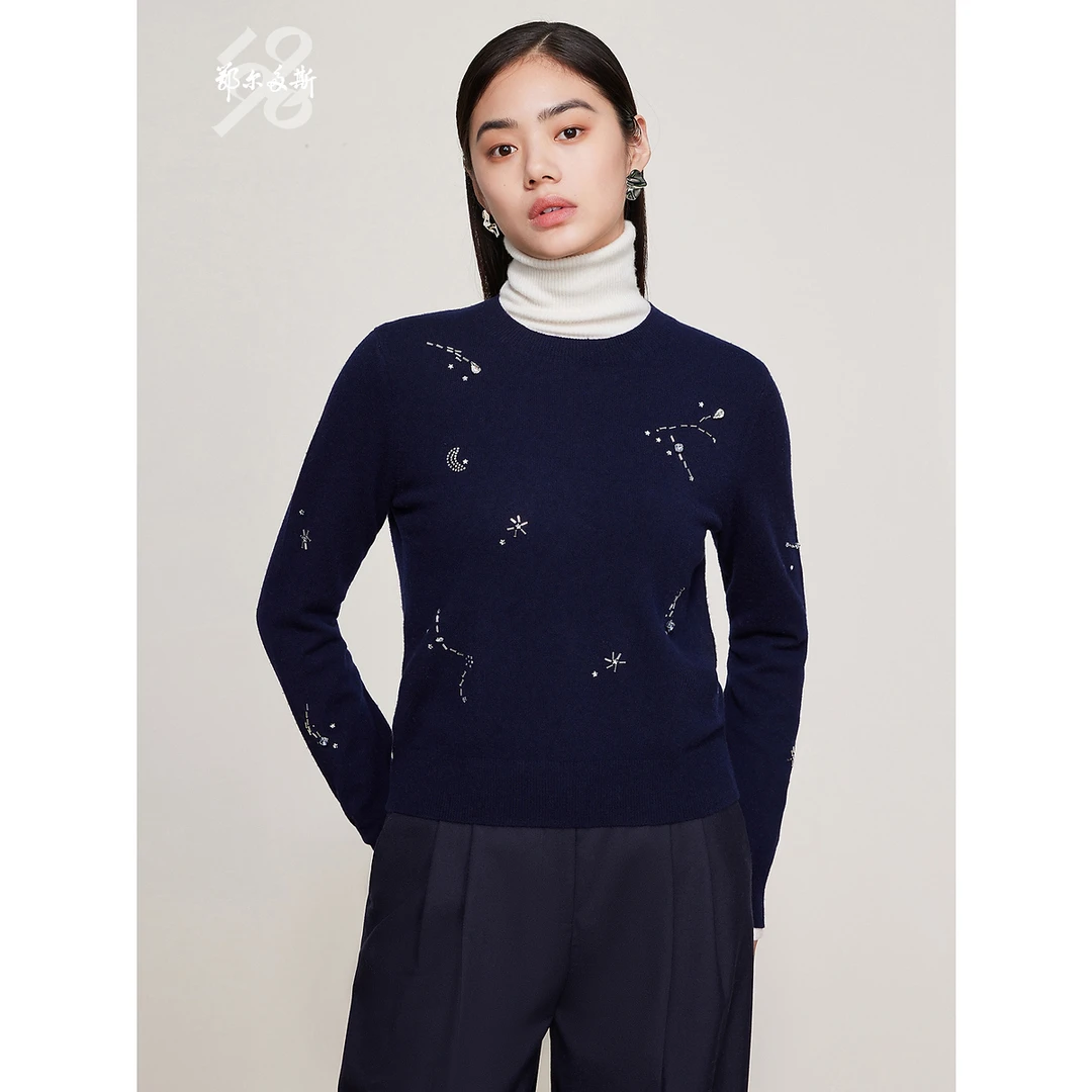 【抗静电山羊绒】鄂尔多斯1980 秋冬施华洛世奇点缀装饰套衫