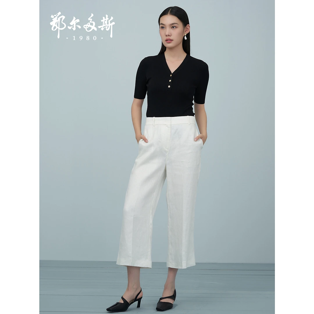 鄂尔多斯1980装夏季 V领抽条桑蚕丝轻薄半袖套衫经典百搭