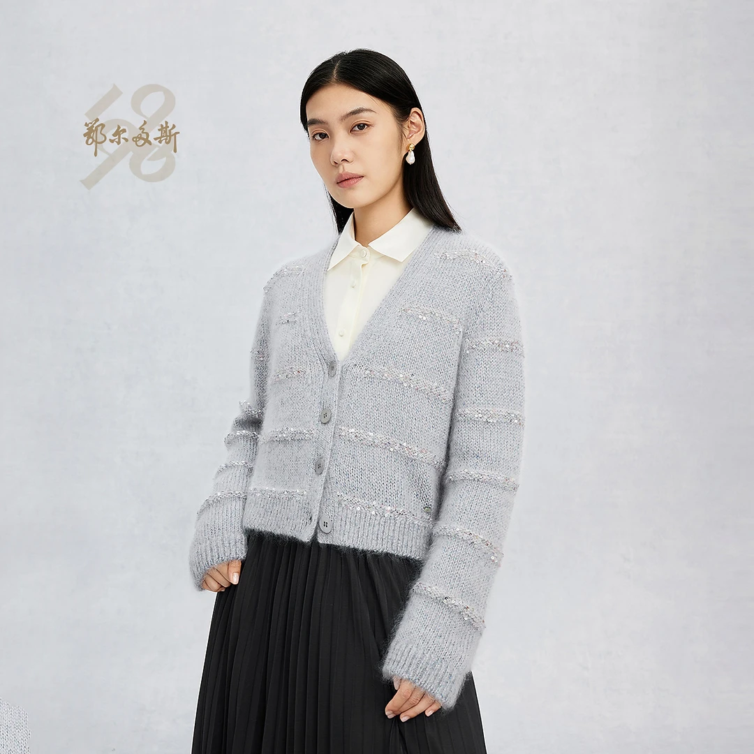 鄂尔多斯1980新品马海毛条纹亮片V领开衫松弛女圆领针织衫25春夏