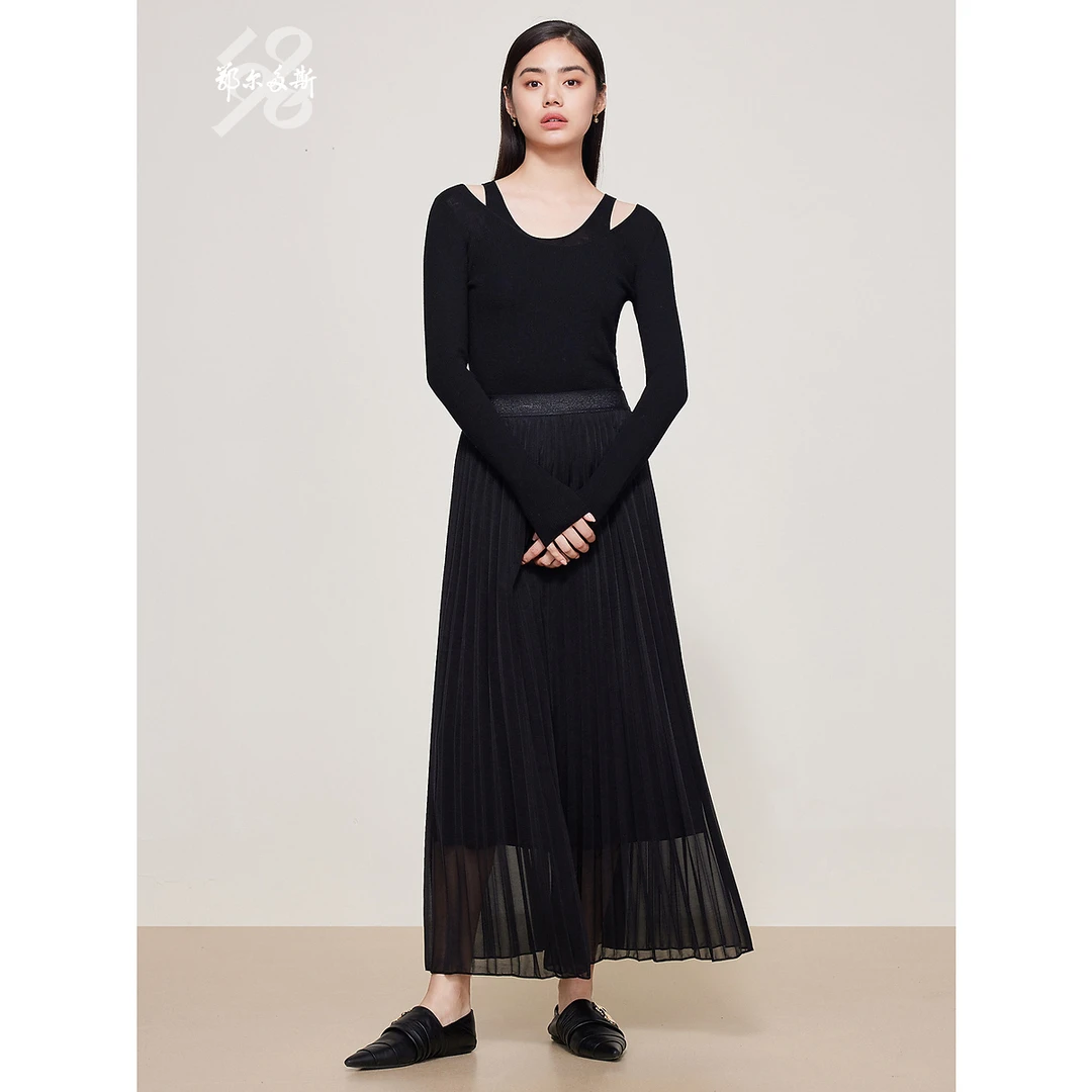 鄂尔多斯1980早春圆领精纺羊毛优雅叠穿女针织背心两件套