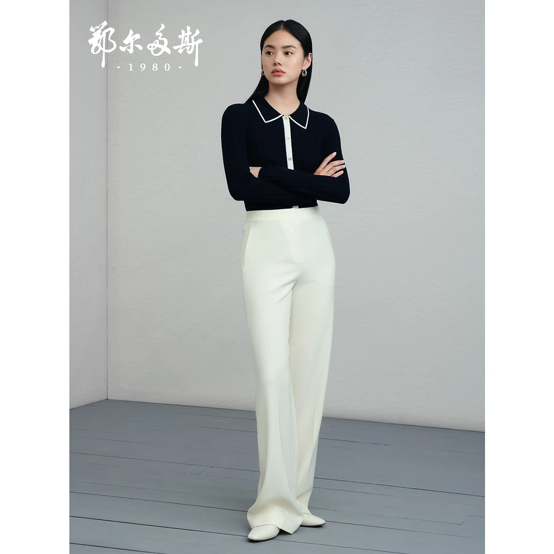 鄂尔多斯1980女装 早春女士 纯色长裤直筒裤休闲裤 时尚显瘦