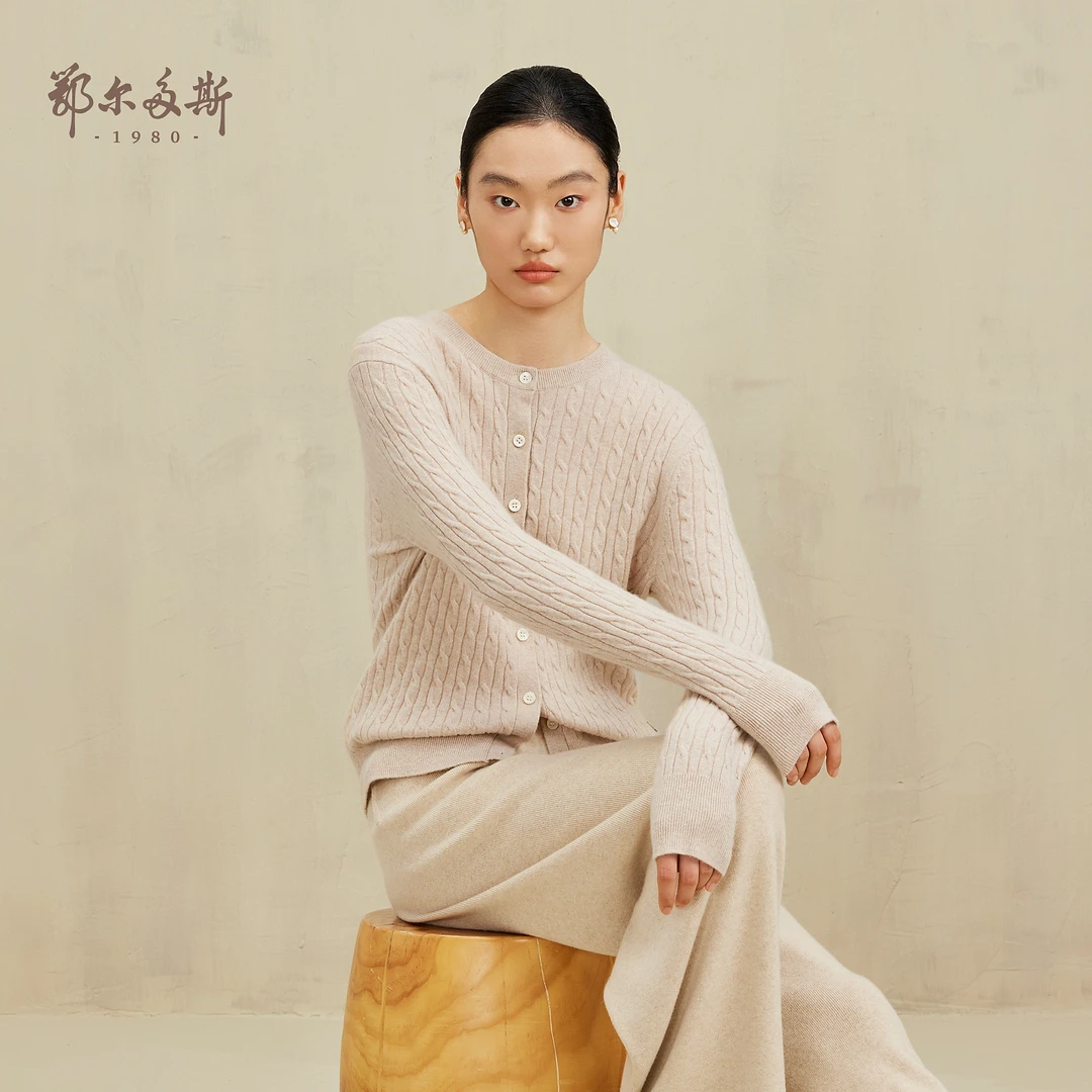 【纯山羊绒】鄂尔多斯1980圆领绞花女休闲羊绒衫高级感秋冬