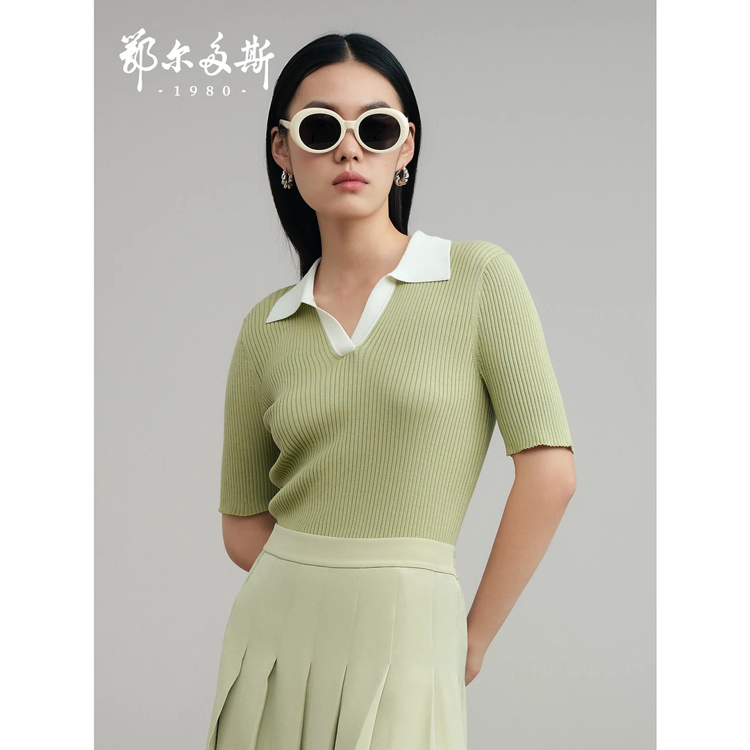 鄂尔多斯1980 夏季桑蚕丝棉polo领短袖针织衫翻领摩登T恤