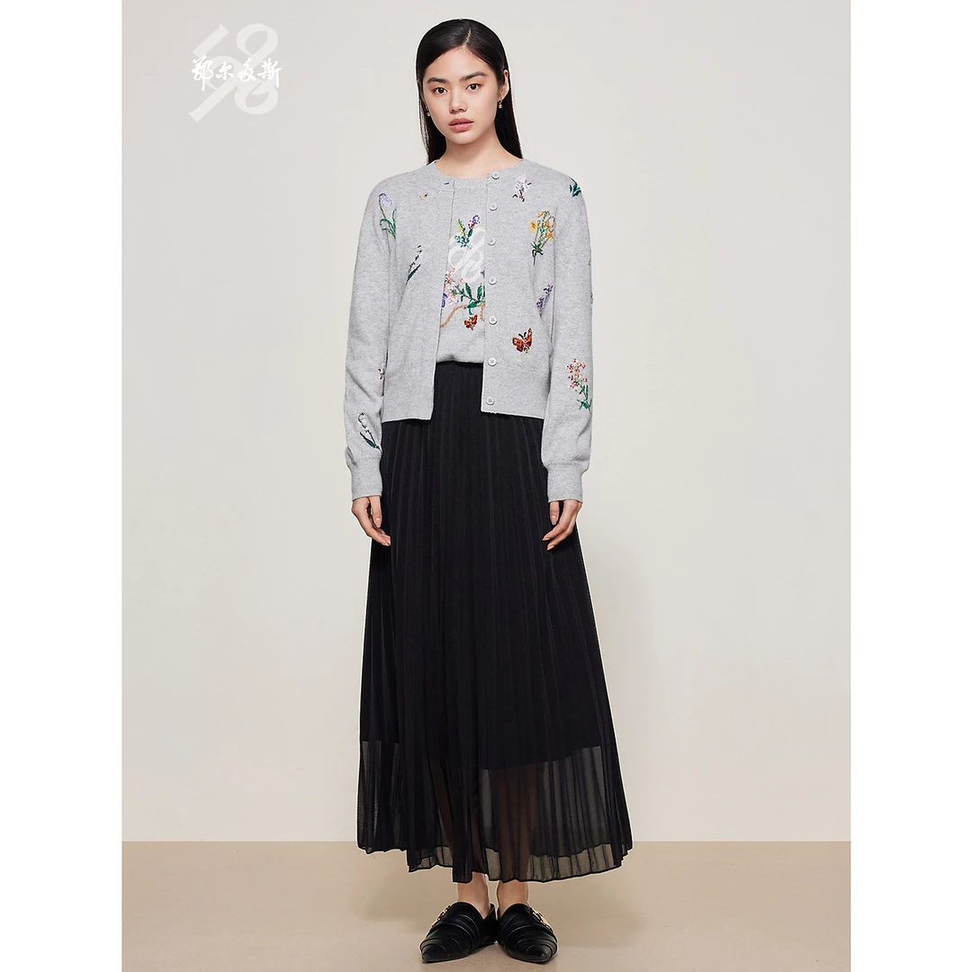 抗静电|鄂尔多斯1980 早秋圆领嵌花羊绒开衫淑针织上衣