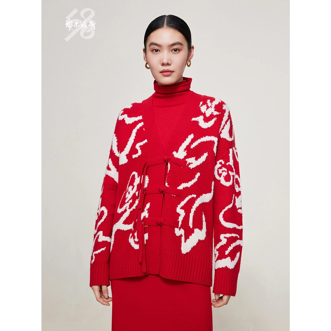 鄂尔多斯1980羊绒开衫秋冬抗静电纯羊绒盘扣新中式开衫