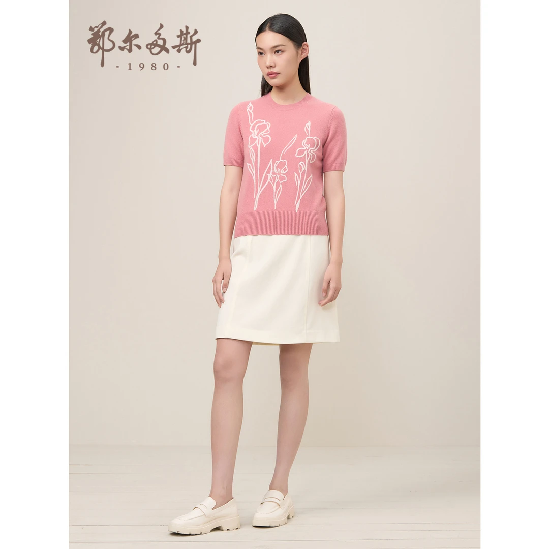 【抗静电纯山羊绒】鄂尔多斯1980春夏季女士圆领刺绣半袖时尚套头衫