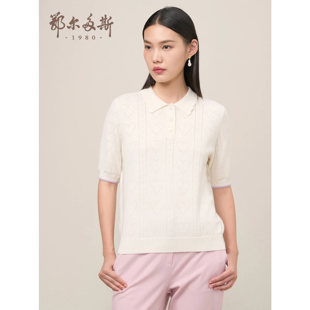 鄂尔多斯1980女装 早春女士 精纺薄款翻领半袖套衫 纯色时尚
