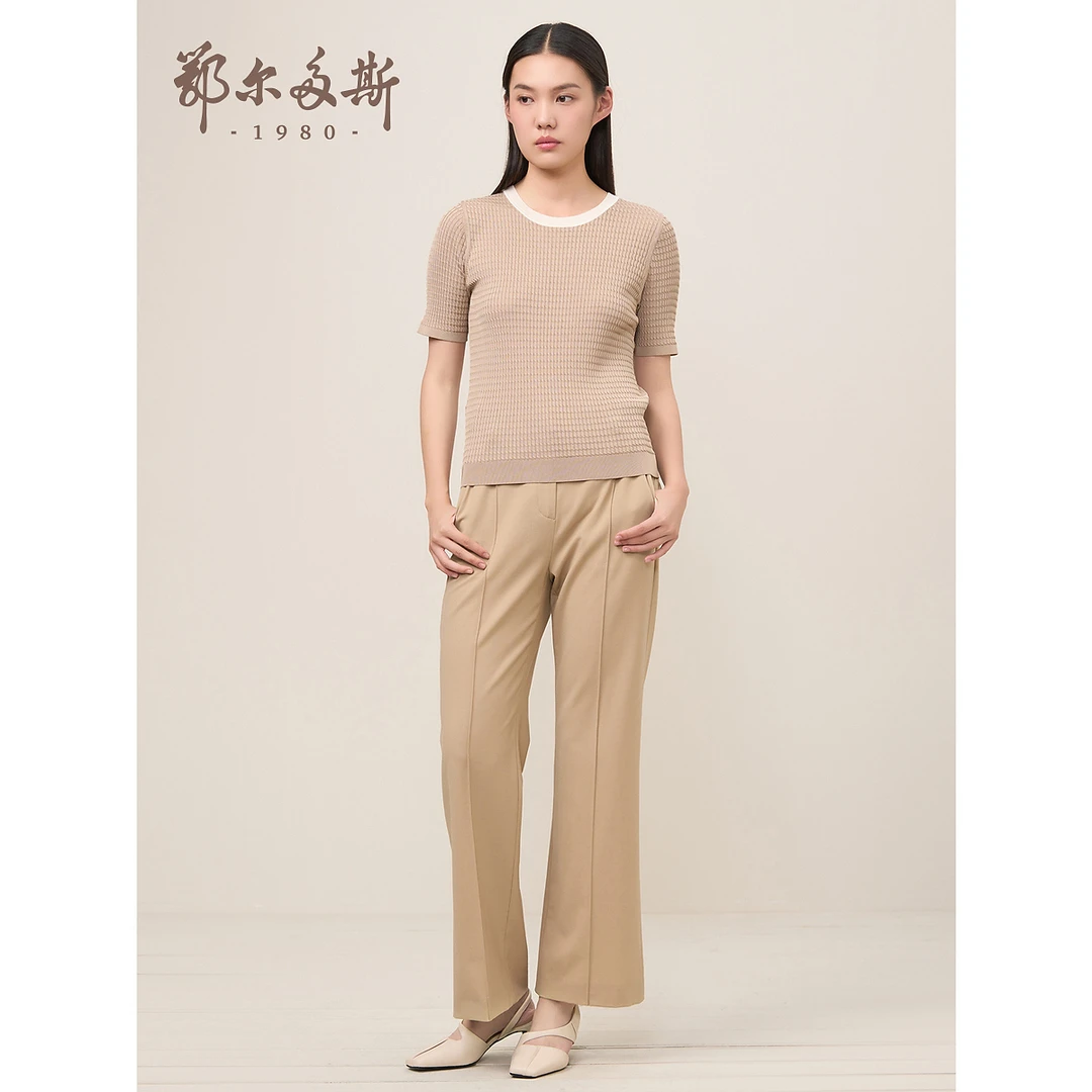 【纯桑蚕丝】鄂尔多斯1980装 早春 圆领绞花薄款半袖套衫