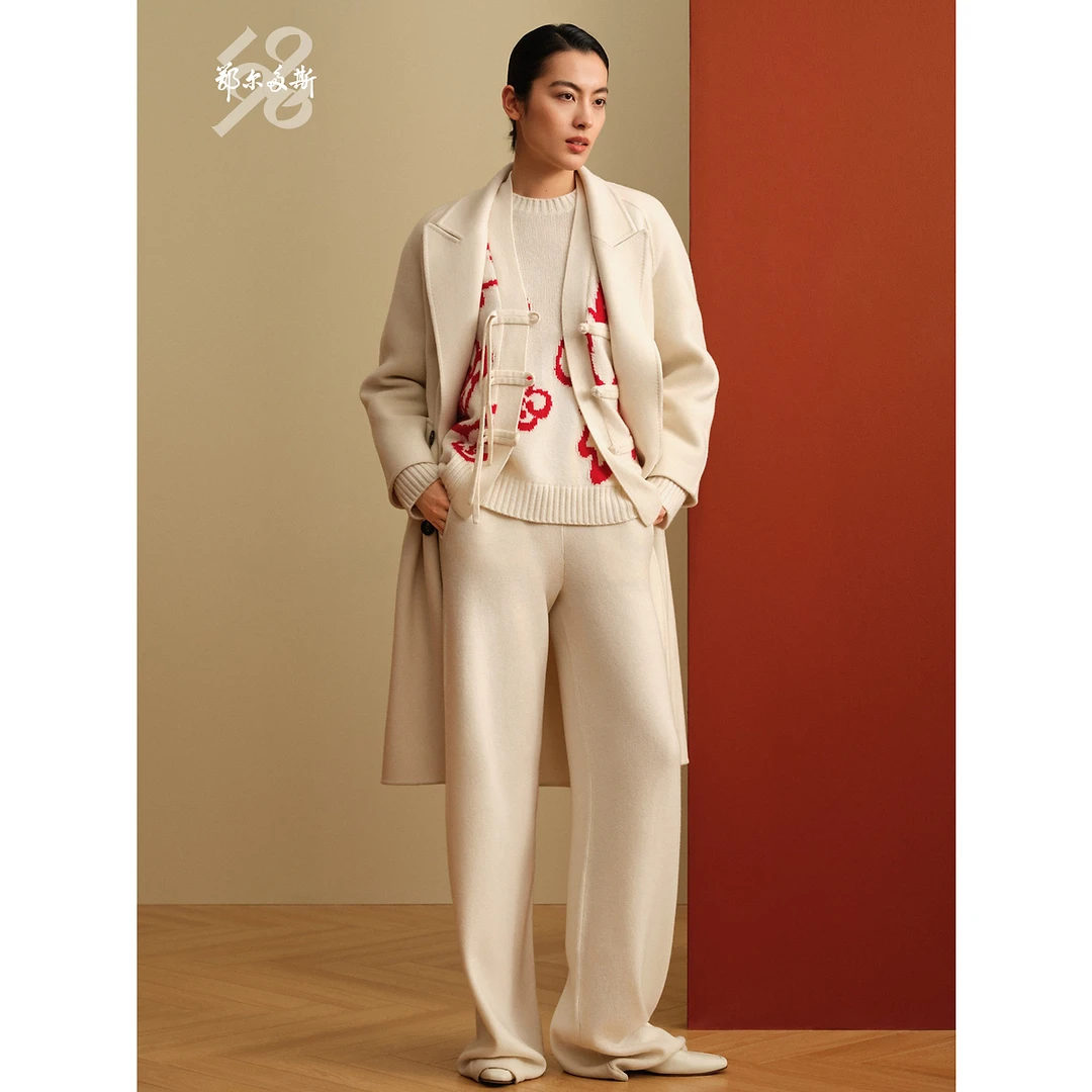 鄂尔多斯1980 秋冬通勤风中长款羊毛羊绒混纺毛呢女大衣外套