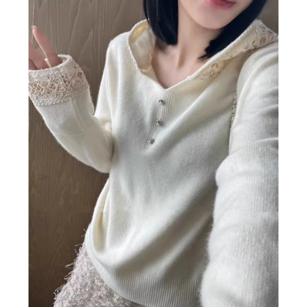 【时尚亮片蕾丝拼接连帽针织衫】简约温柔百搭纯色冬季宽松毛衣上衣